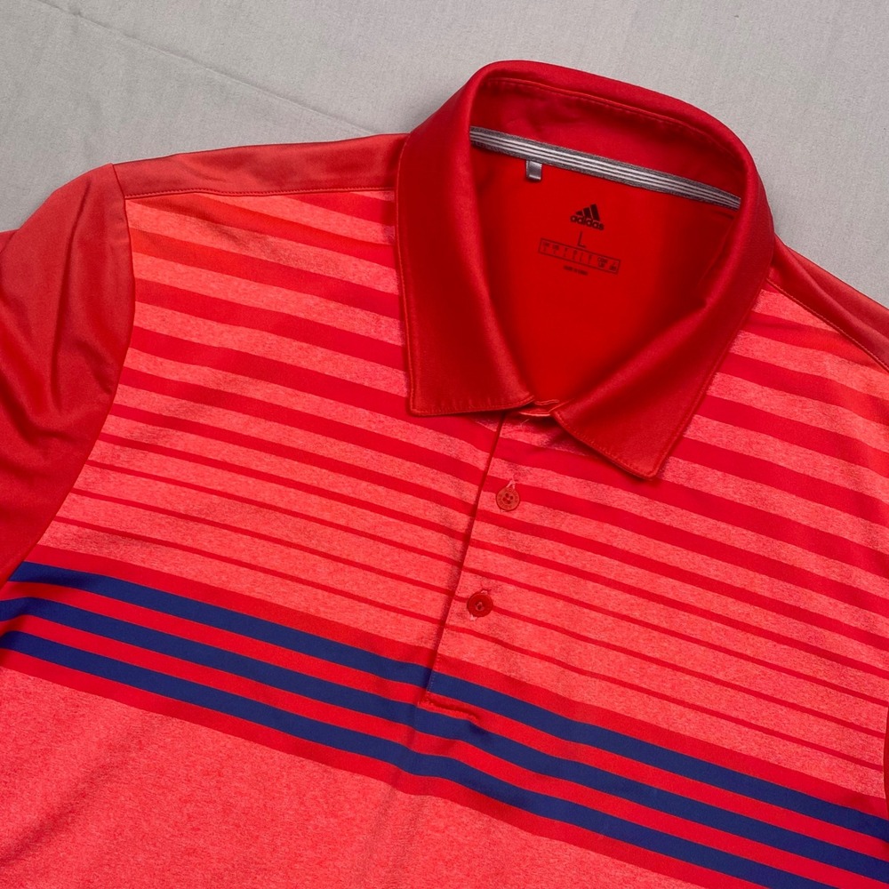Adidas Golf Polo Shirt Mens Large Red‎ Orange Striped Performance Short Sleeve
